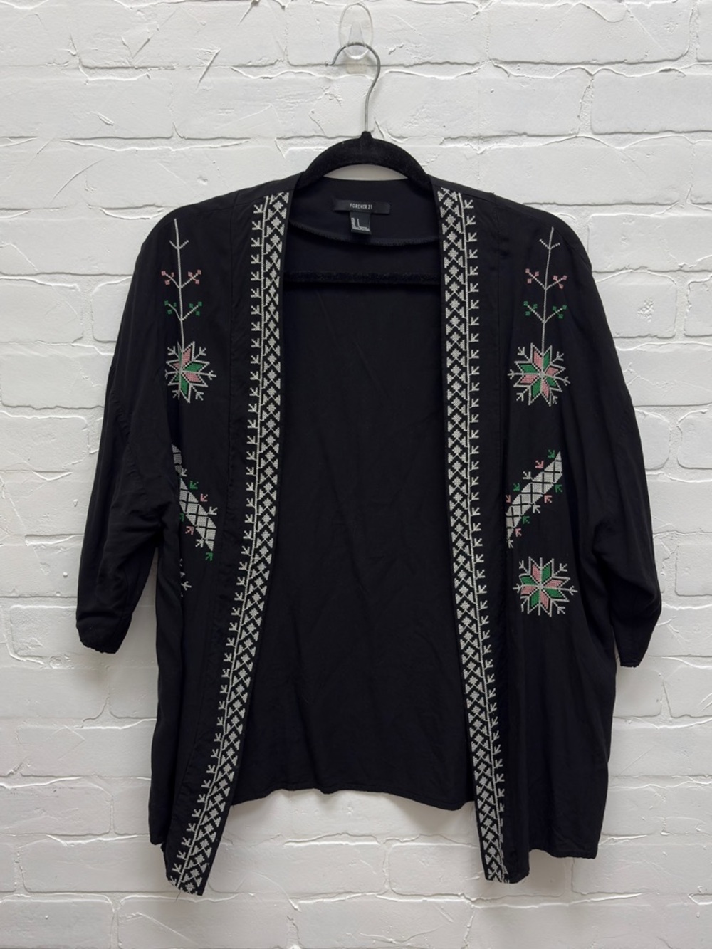 Embroidered Open Front Black Kimono Cardigan